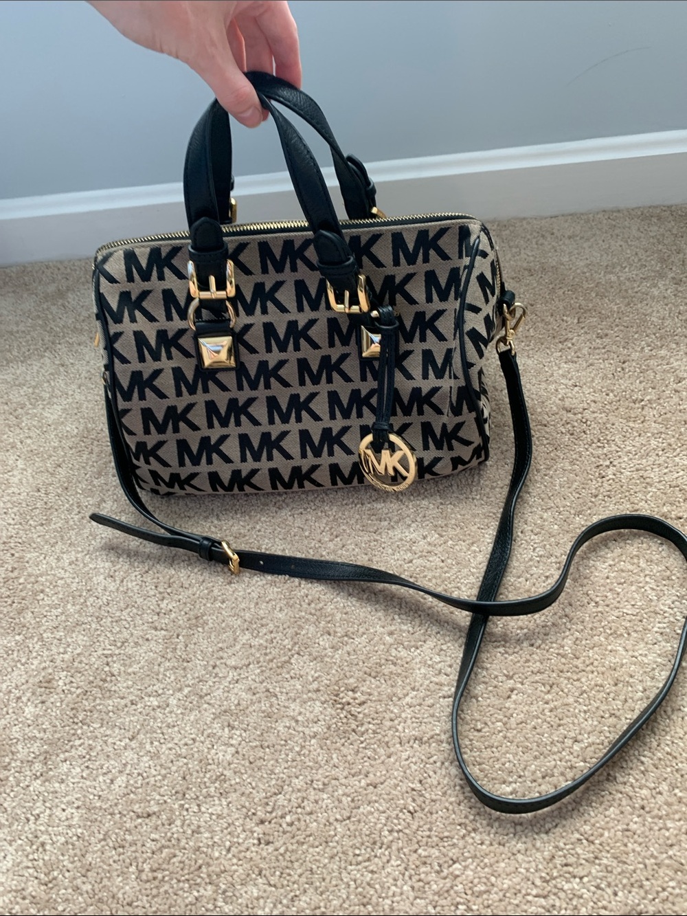 Michael Kors Black and Tan MK Logo Satchel with Gold Accents